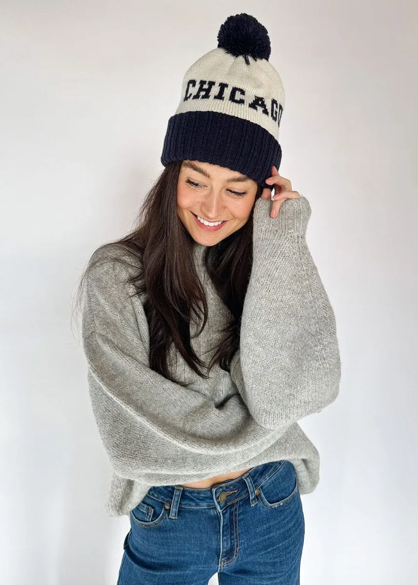 Adult Mad Hatter Two-Tone Chicago Pom Beanie - Navy