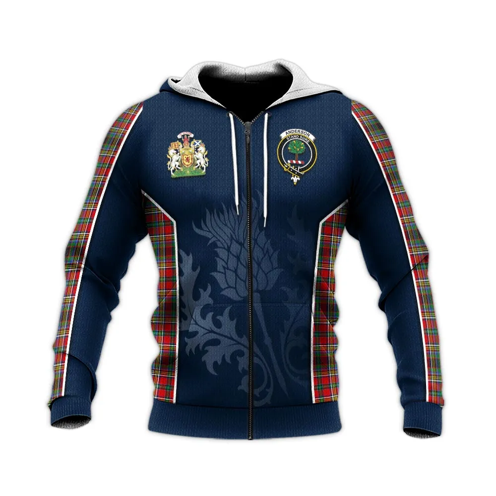 Anderson of Arbrake Tartan Knitted Hoodie with Family Crest and Scottish Thistle Vibes Sport Style