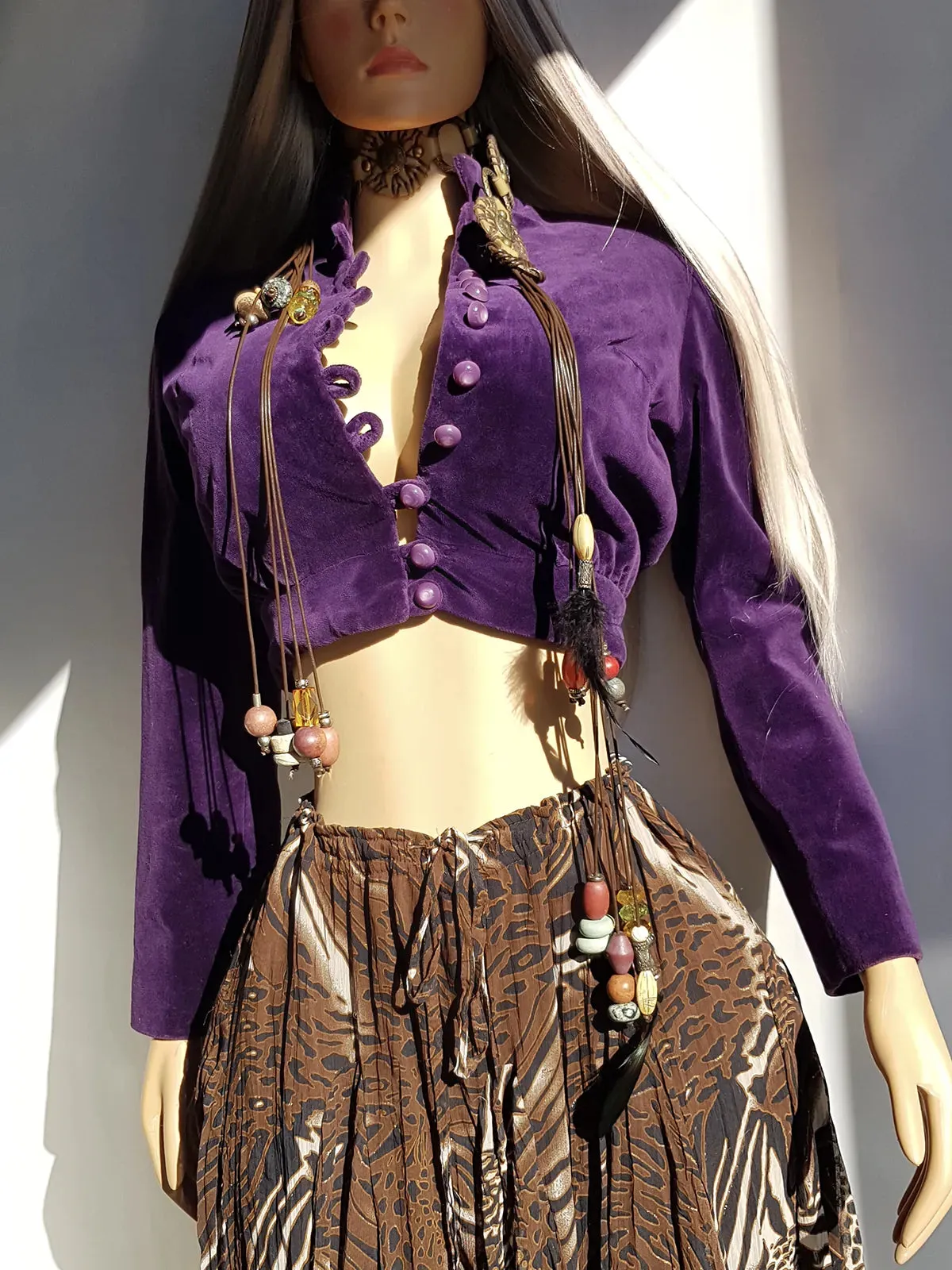 Antique 1920s Rich Purple Bohemian Rockstar Girlfriend Cropped Mini Jacket in Sumptuous Velvet- Button Front & Fully Lined