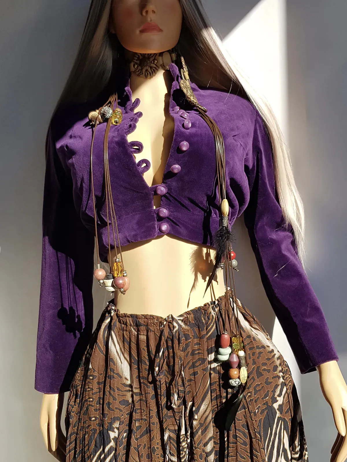 Antique 1920s Rich Purple Bohemian Rockstar Girlfriend Cropped Mini Jacket in Sumptuous Velvet- Button Front & Fully Lined