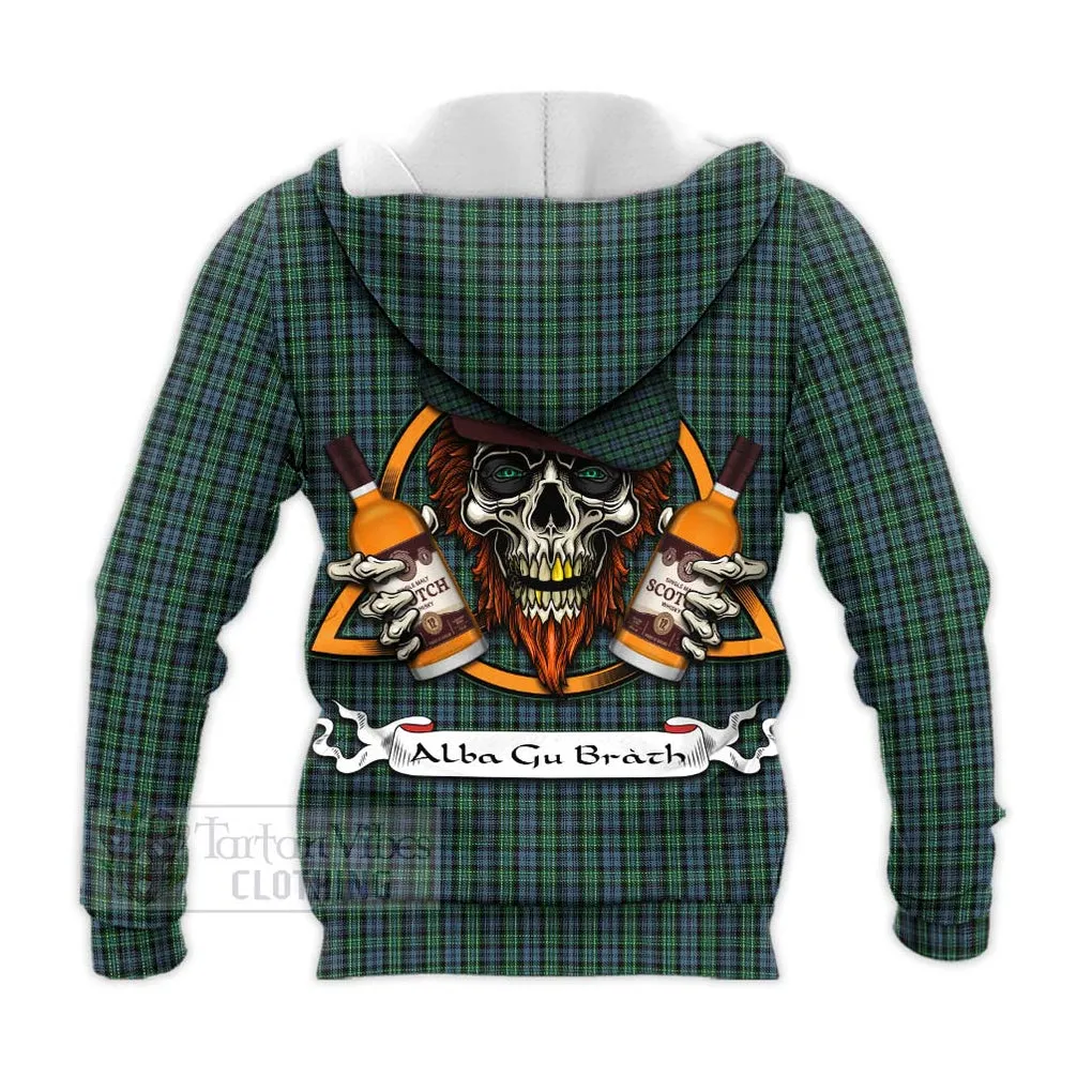 Arbuthnot Tartan Knitted Hoodie with Family Crest and Bearded Skull Holding Bottles of Whiskey