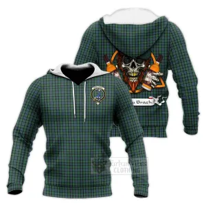 Arbuthnot Tartan Knitted Hoodie with Family Crest and Bearded Skull Holding Bottles of Whiskey