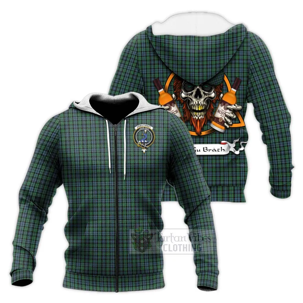 Arbuthnot Tartan Knitted Hoodie with Family Crest and Bearded Skull Holding Bottles of Whiskey