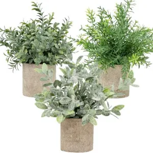 Artificial Potted Plants - Mini Fake Plants – Set of 3 Small Indoor Faux Houseplants for Shelf Tabletop Desk Decoration - Eucalyptus - Rosemary - Boxwood - Greenery in Pots - 9” Tall Plant in Pot