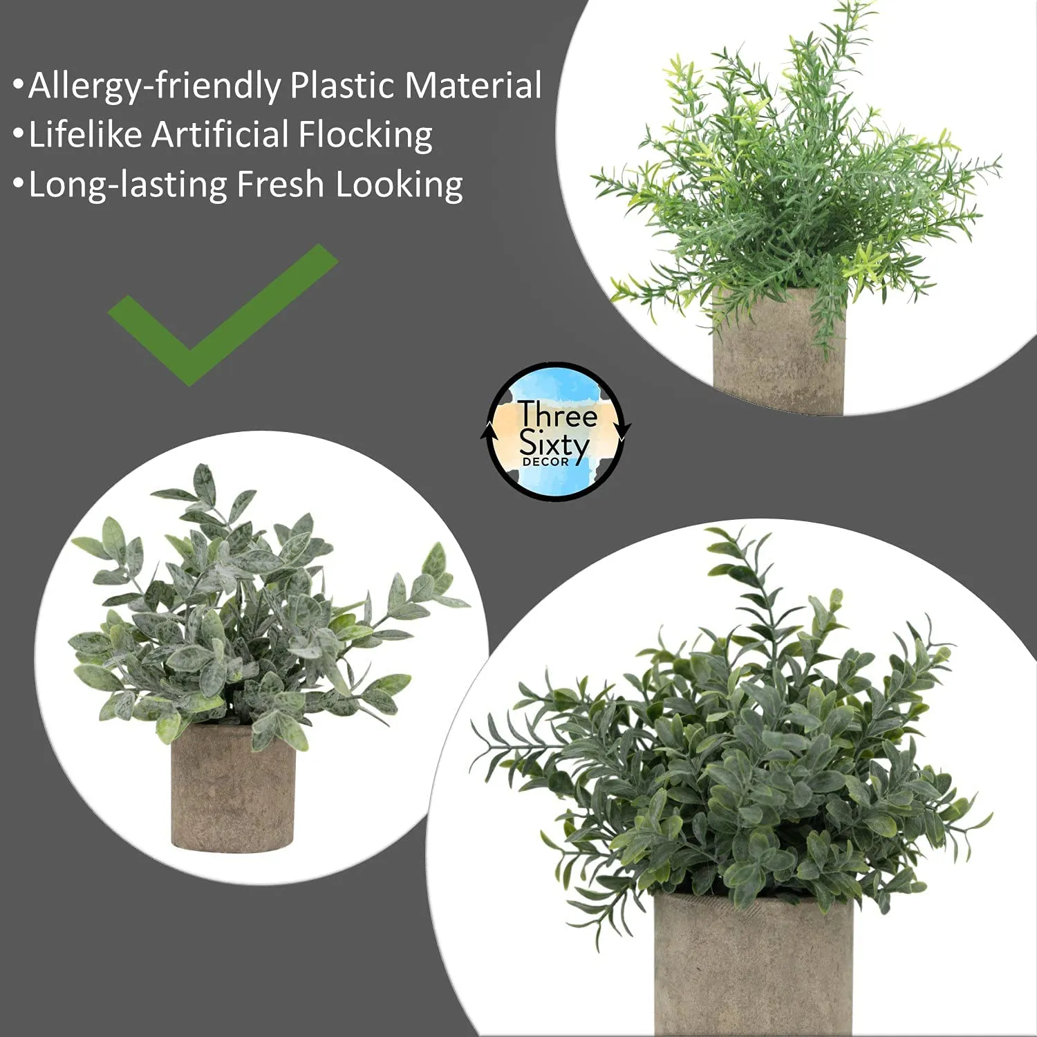 Artificial Potted Plants - Mini Fake Plants – Set of 3 Small Indoor Faux Houseplants for Shelf Tabletop Desk Decoration - Eucalyptus - Rosemary - Boxwood - Greenery in Pots - 9” Tall Plant in Pot