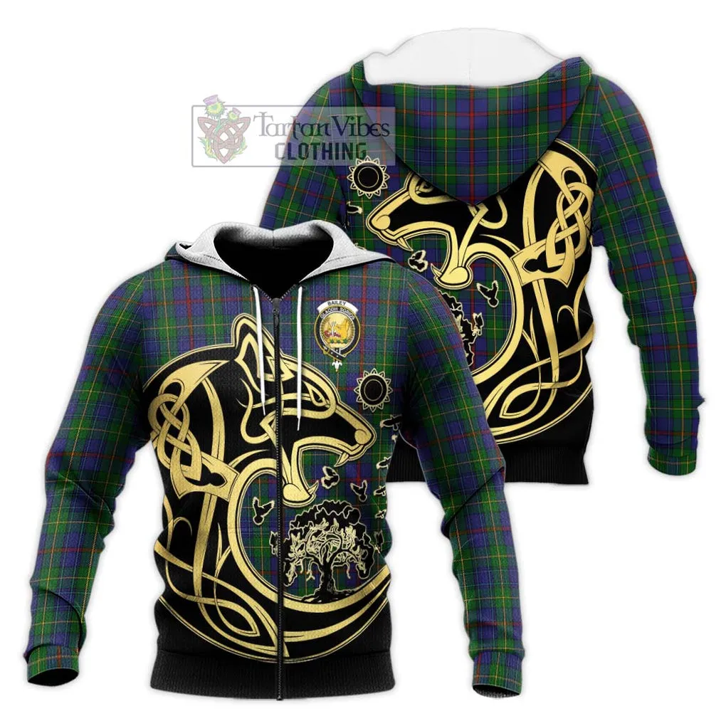 Bailey Tartan Knitted Hoodie with Family Crest Celtic Wolf Style