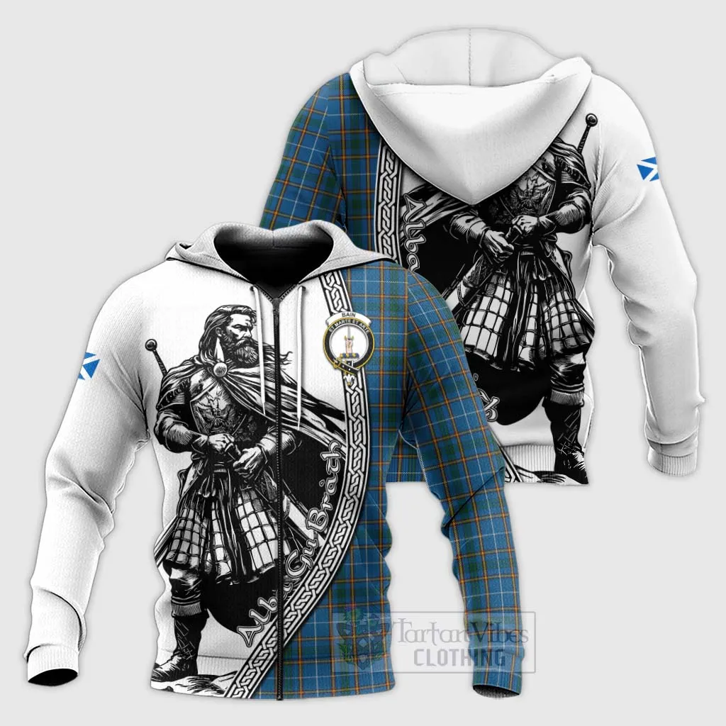 Bain Tartan Clan Crest Knitted Hoodie with Highlander Warrior Celtic Style