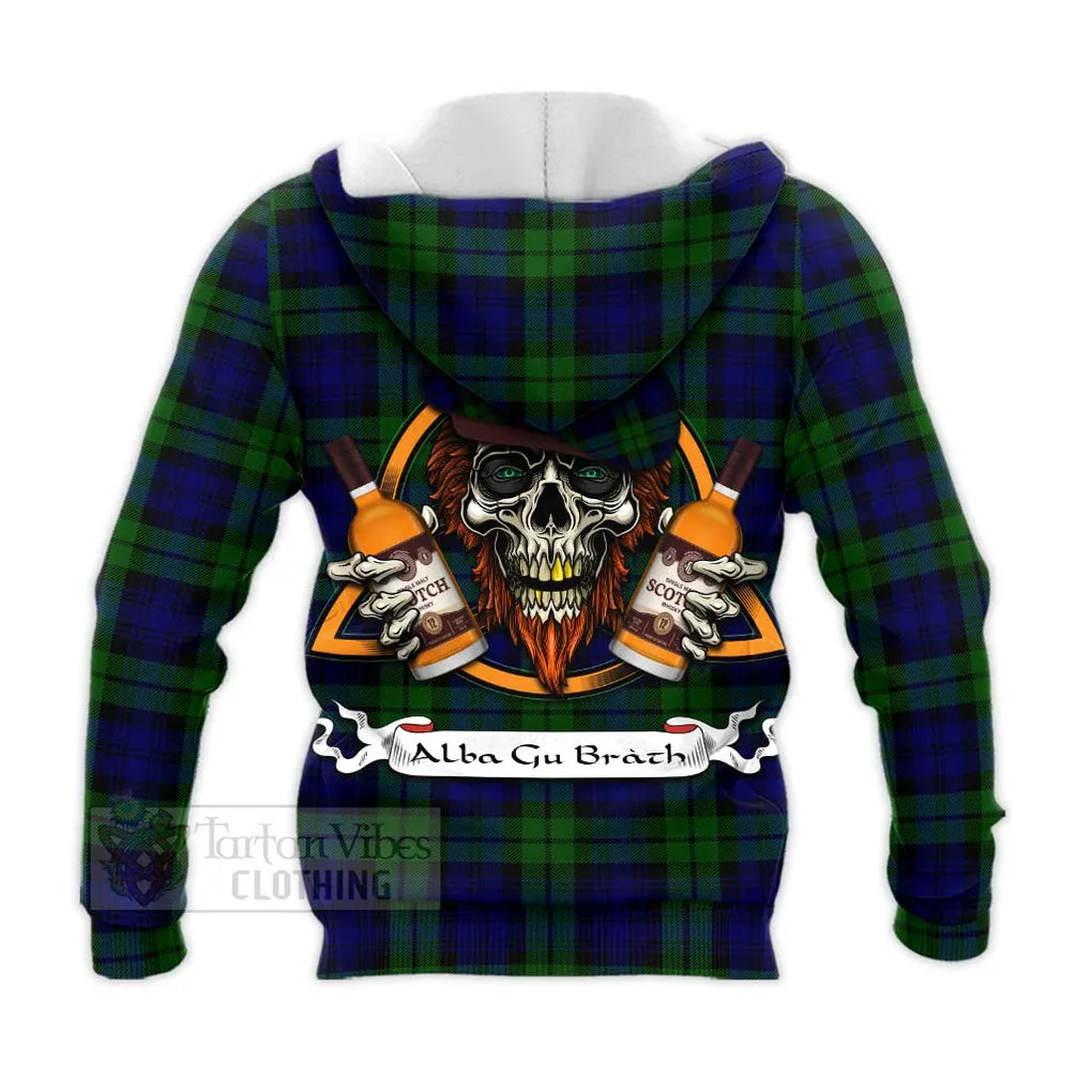 Bannatyne Tartan Knitted Hoodie with Family Crest and Bearded Skull Holding Bottles of Whiskey