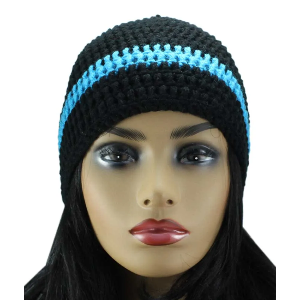 Black and Blue Crochet Beanie Hat Medium/Large - JMCH04