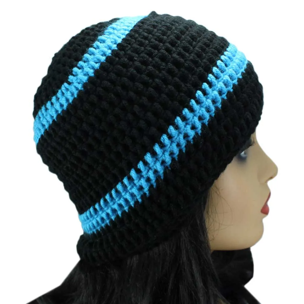 Black and Blue Crochet Beanie Hat Medium/Large - JMCH04