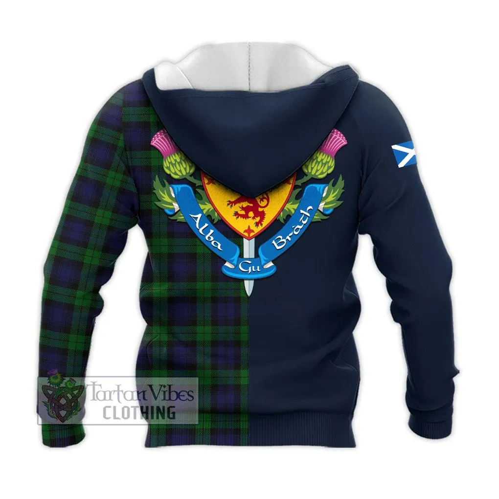 Black Watch Tartan Knitted Hoodie Alba with Scottish Lion Royal Arm Half Style