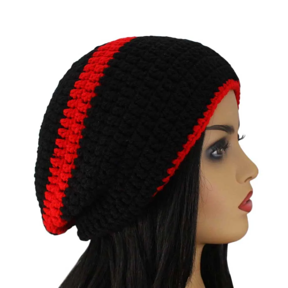 Black with Red Stripe Crochet Beanie Hat Large/Extra Large - STXH27LX