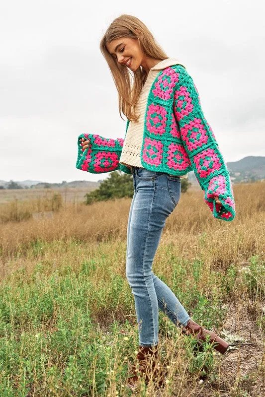 Bohemian Two-Tone Floral Square Crochet Open Knit Cardigan