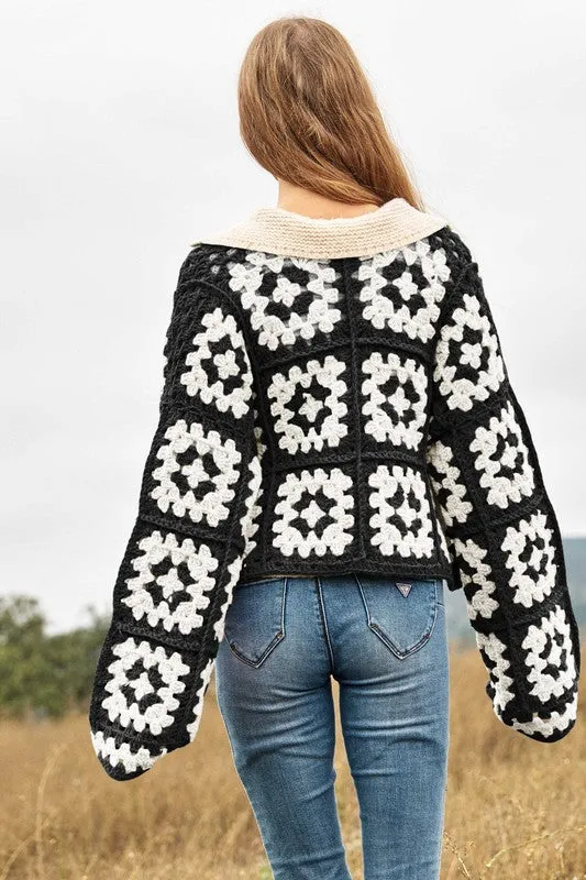 Bohemian Two-Tone Floral Square Crochet Open Knit Cardigan