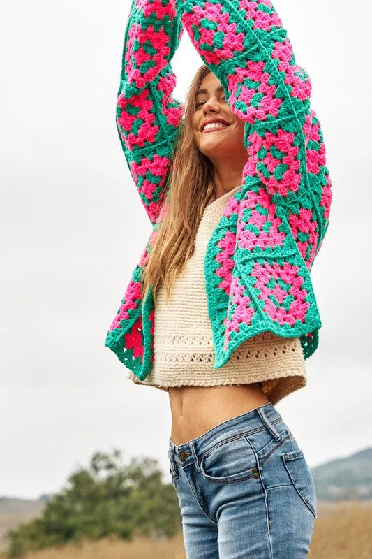 Bohemian Two-Tone Floral Square Crochet Open Knit Cardigan