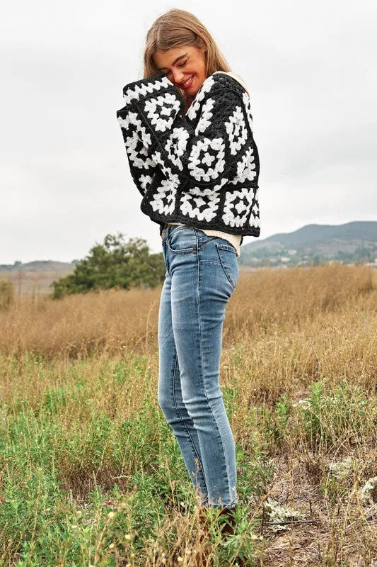 Bohemian Two-Tone Floral Square Crochet Open Knit Cardigan