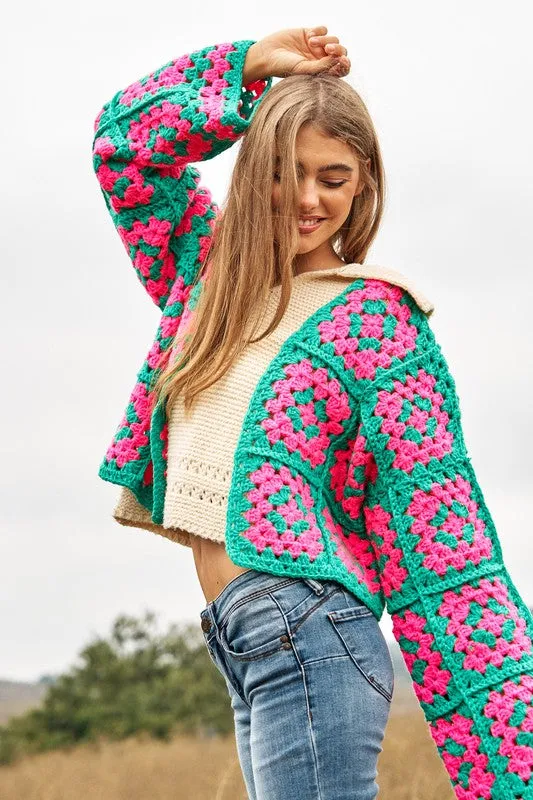 Bohemian Two-Tone Floral Square Crochet Open Knit Cardigan