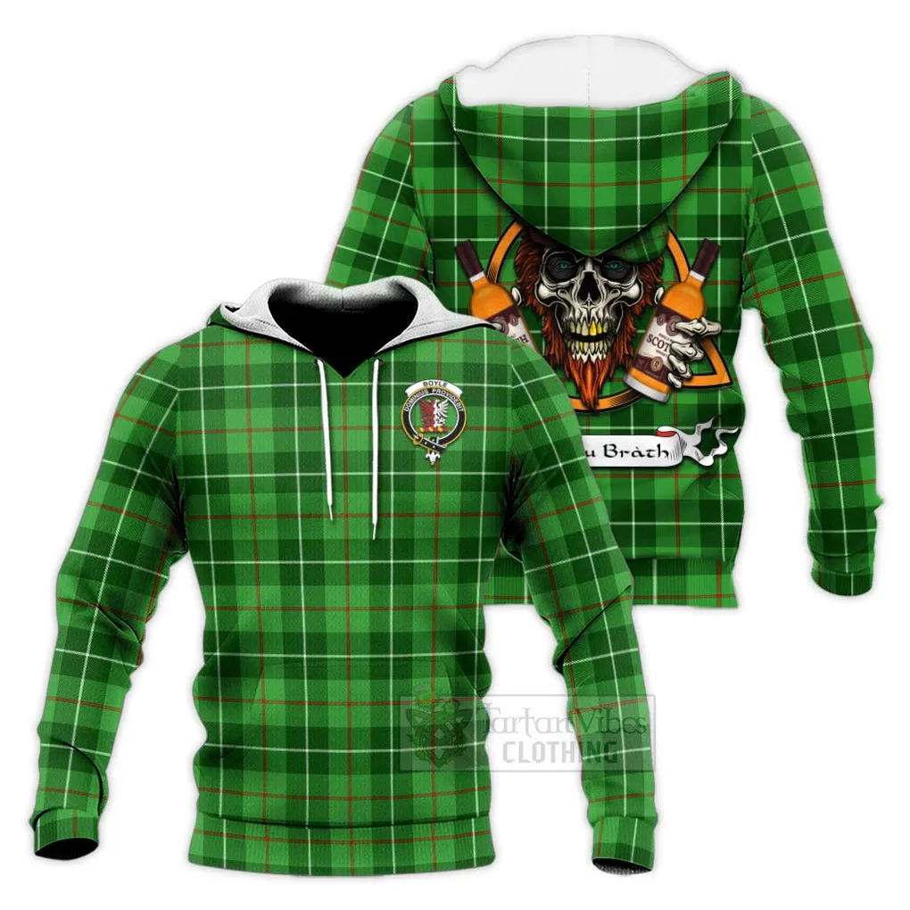 Boyle Tartan Knitted Hoodie with Family Crest and Bearded Skull Holding Bottles of Whiskey