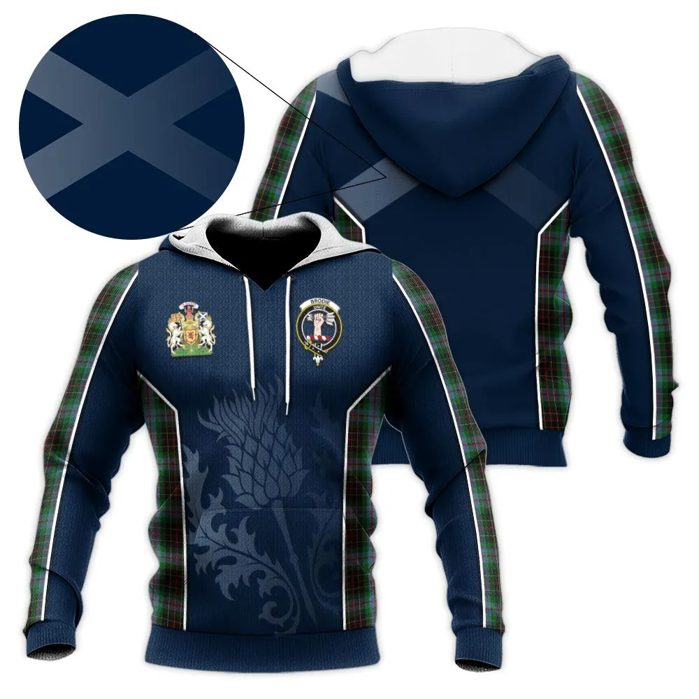 Brodie Hunting Tartan Knitted Hoodie with Family Crest and Scottish Thistle Vibes Sport Style