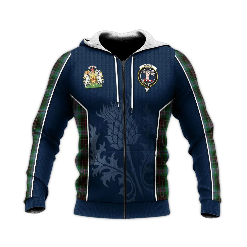 Brodie Hunting Tartan Knitted Hoodie with Family Crest and Scottish Thistle Vibes Sport Style