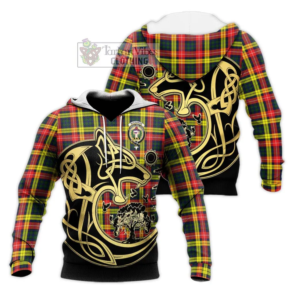 Buchanan Modern Tartan Knitted Hoodie with Family Crest Celtic Wolf Style