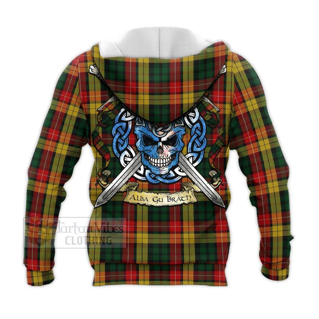 Buchanan Tartan Knitted Hoodie with Family Crest Celtic Skull Style