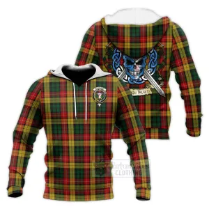 Buchanan Tartan Knitted Hoodie with Family Crest Celtic Skull Style