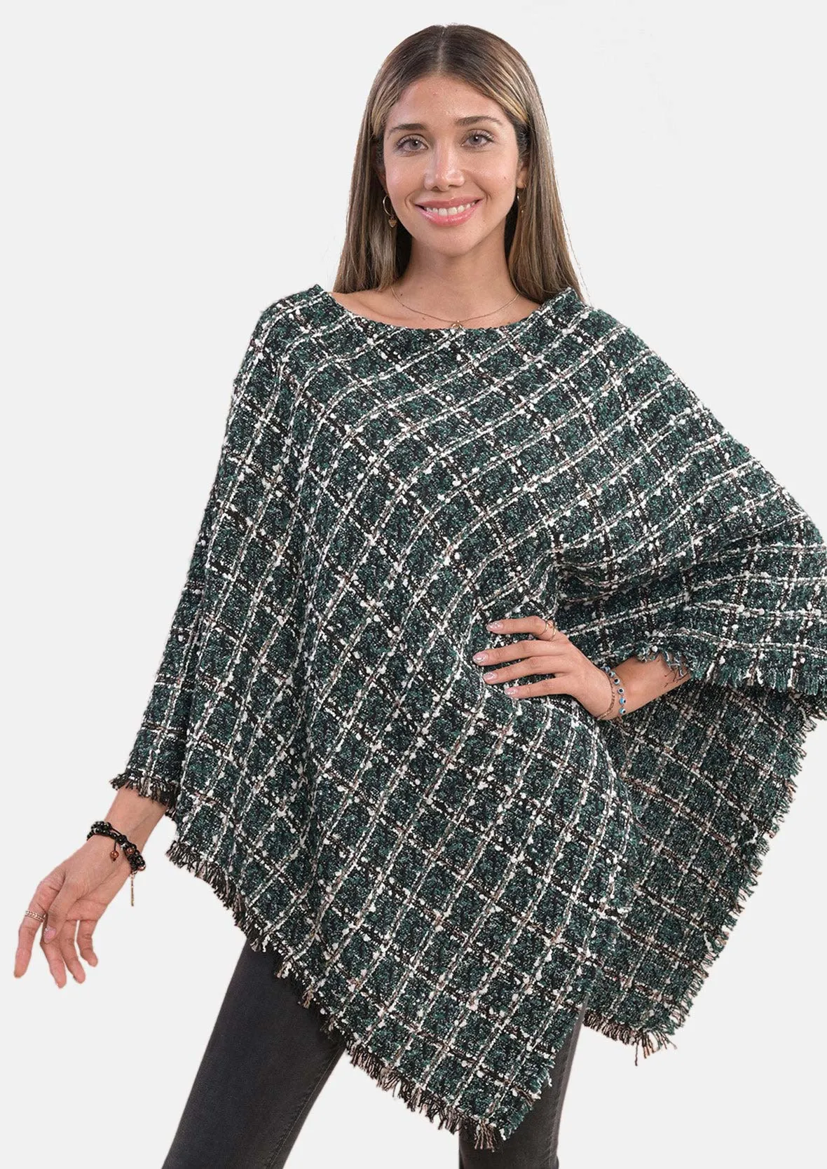 Check Pattern Tweed Poncho