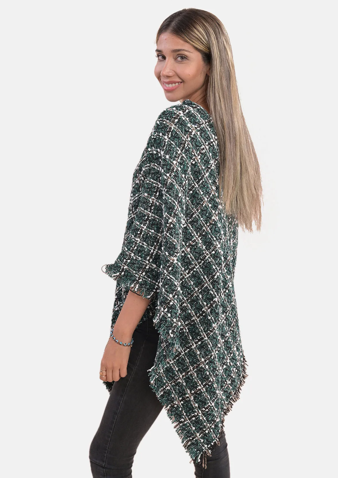 Check Pattern Tweed Poncho