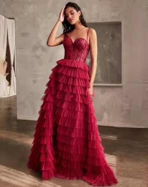 Cinamoon Layered Beaded Gown - Burgundy