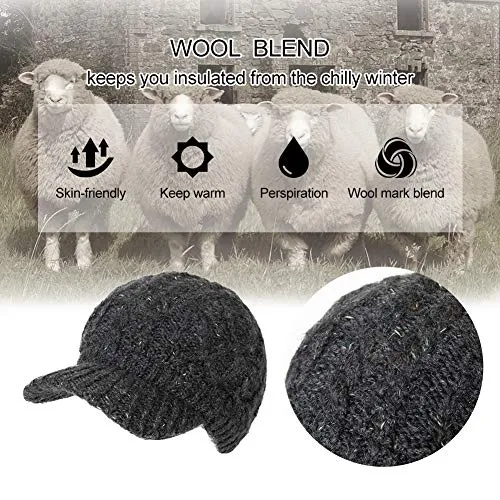 Comhats Wool Thick Knitted Winter Hat for Women Newsboy Snow Cap Billed Beanie with Brim Beret