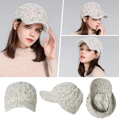 Comhats Wool Thick Knitted Winter Hat for Women Newsboy Snow Cap Billed Beanie with Brim Beret