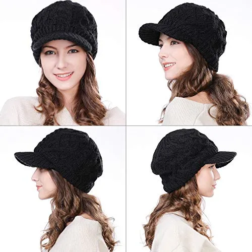 Comhats Wool Thick Knitted Winter Hat for Women Newsboy Snow Cap Billed Beanie with Brim Beret