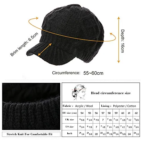 Comhats Wool Thick Knitted Winter Hat for Women Newsboy Snow Cap Billed Beanie with Brim Beret