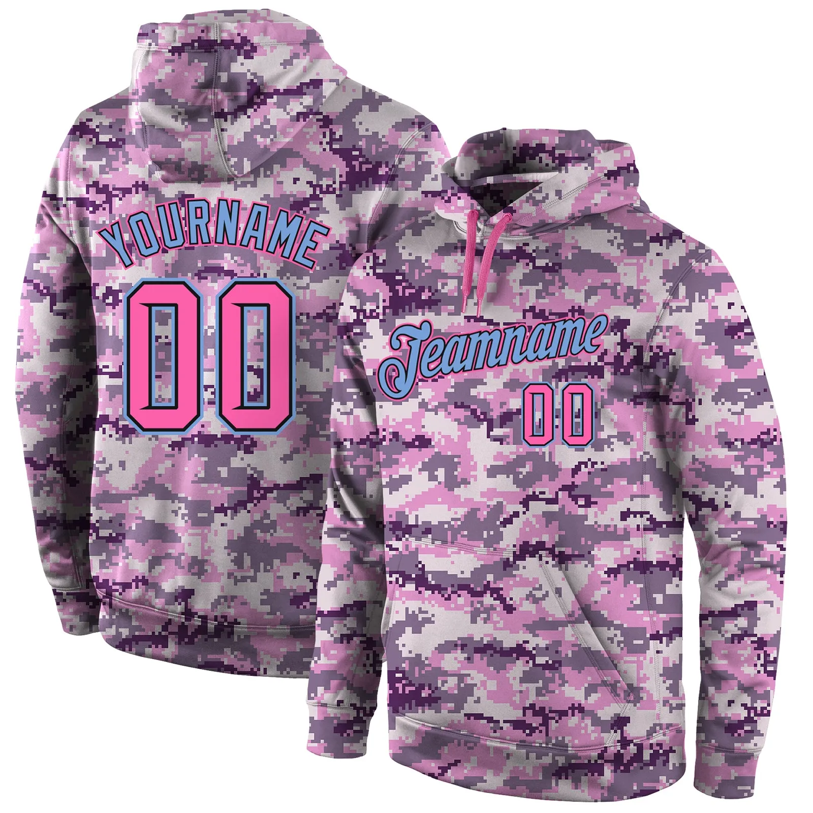 Custom Stitched Camo Pink-Light Blue Sports Pullover Sweatshirt Salute To Service Hoodie