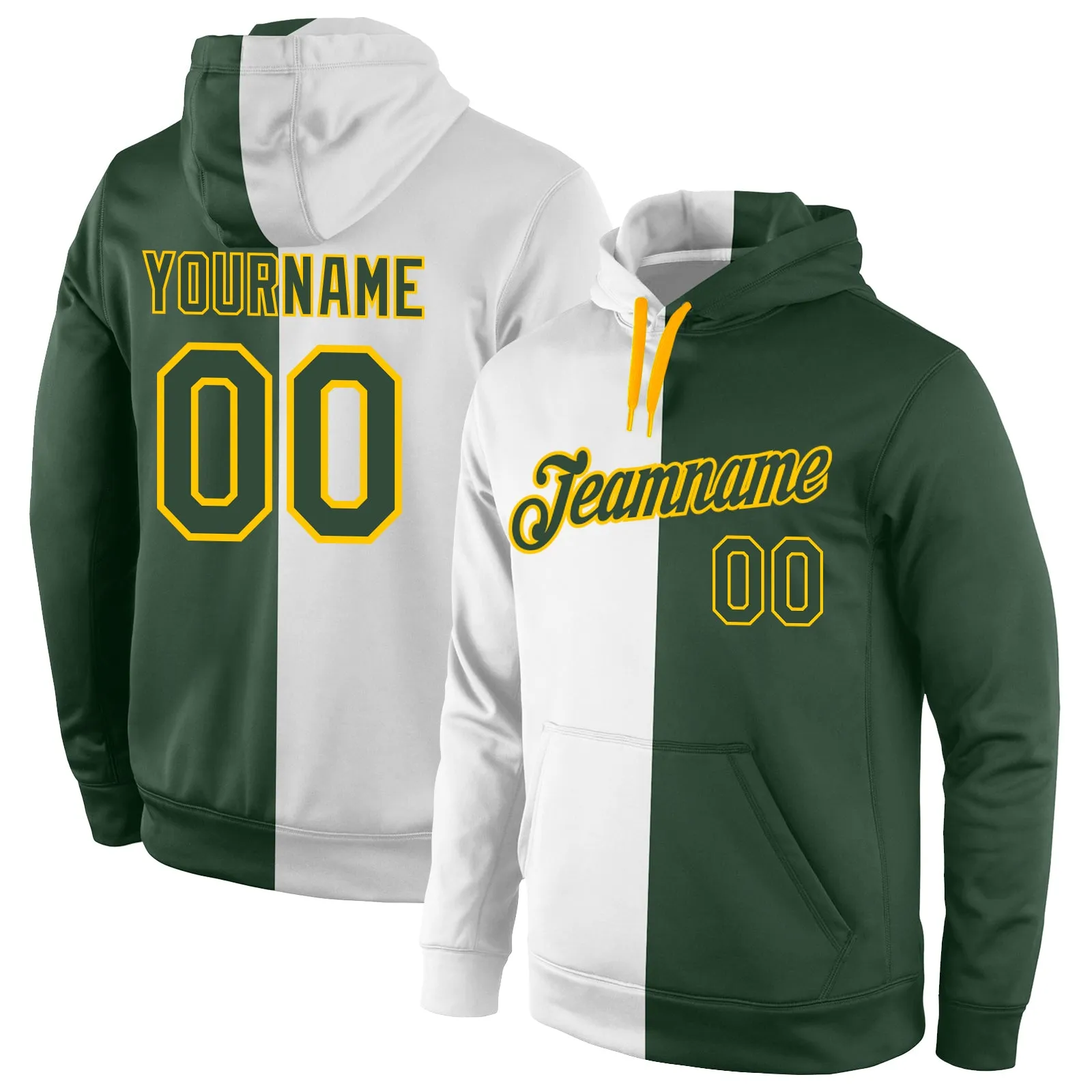 Custom Stitched White Green-Gold Split Fashion Sports Pullover Sweatshirt Hoodie