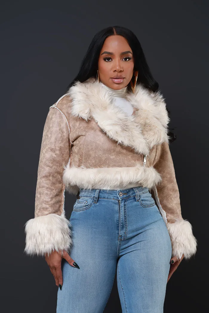 Double Shot Faux Fur Cropped Jacket - Taupe