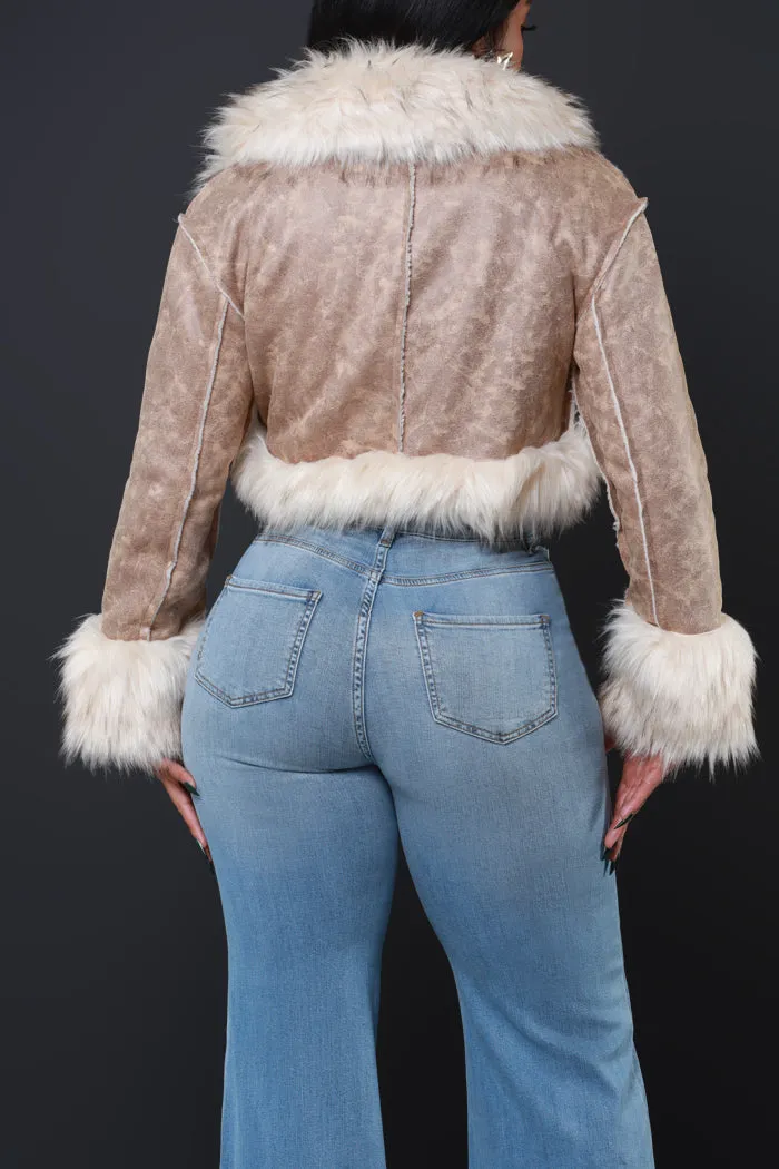 Double Shot Faux Fur Cropped Jacket - Taupe