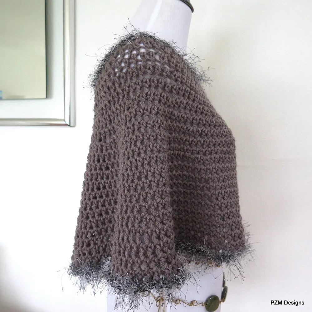 Grey Short Circle Poncho, Hand crochet poncho with faux fur trim, gift for her