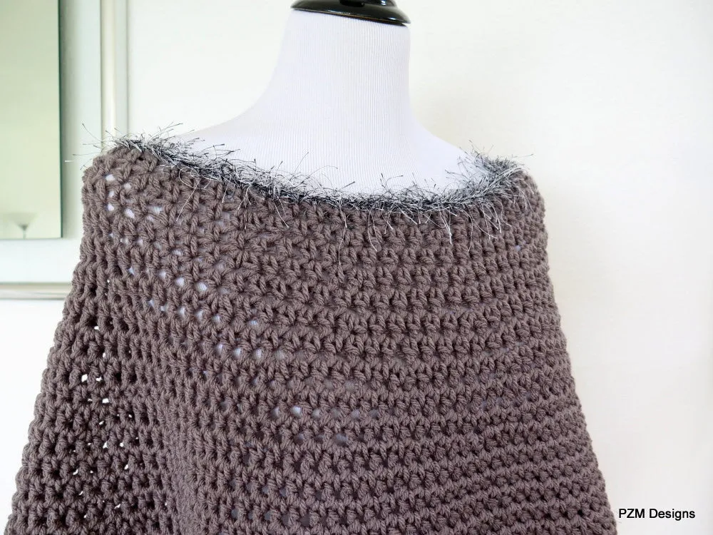 Grey Short Circle Poncho, Hand crochet poncho with faux fur trim, gift for her