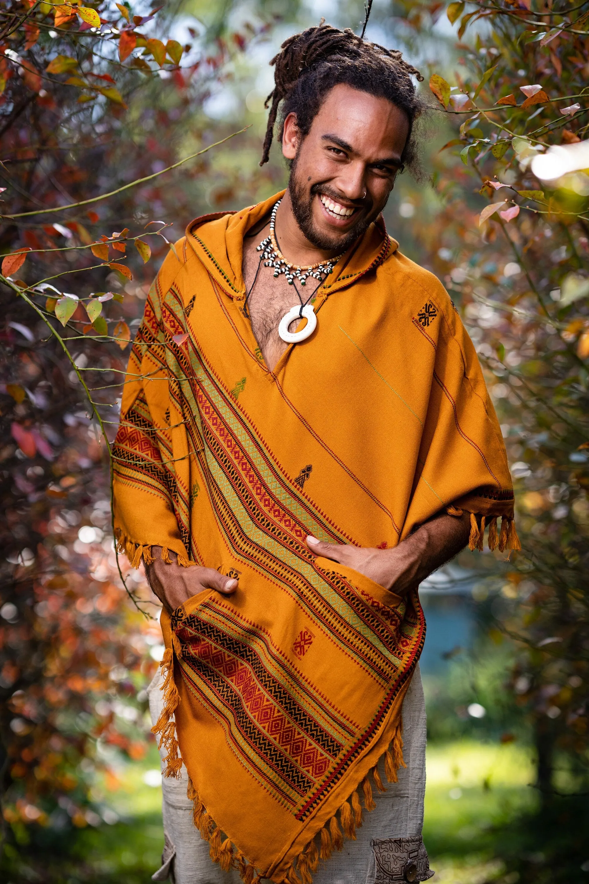 HODDI Mens Hooded Poncho Curry Orange Cashmere and Acrylic Wool Pockets Tribal Embroidery Celtic Festival Mexican Primitive Big Hood AJJAYA