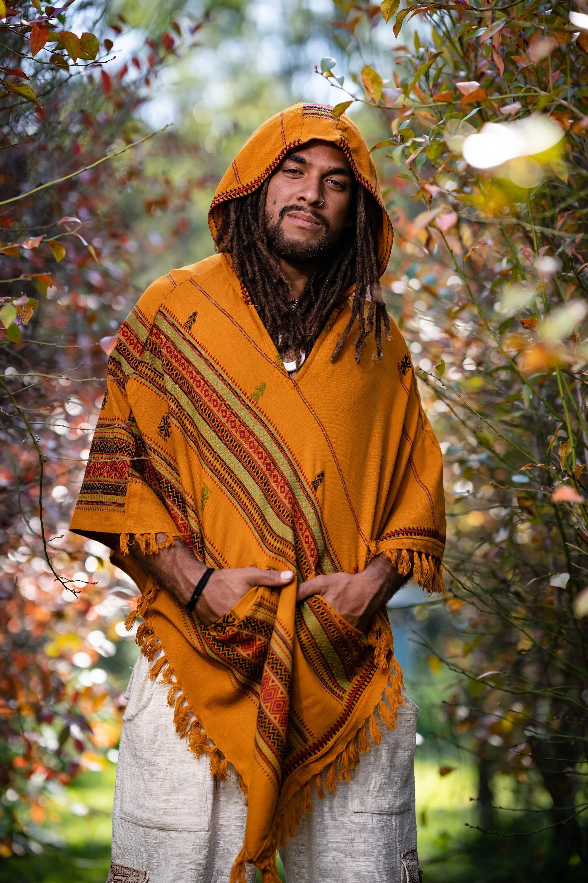 HODDI Mens Hooded Poncho Curry Orange Cashmere and Acrylic Wool Pockets Tribal Embroidery Celtic Festival Mexican Primitive Big Hood AJJAYA