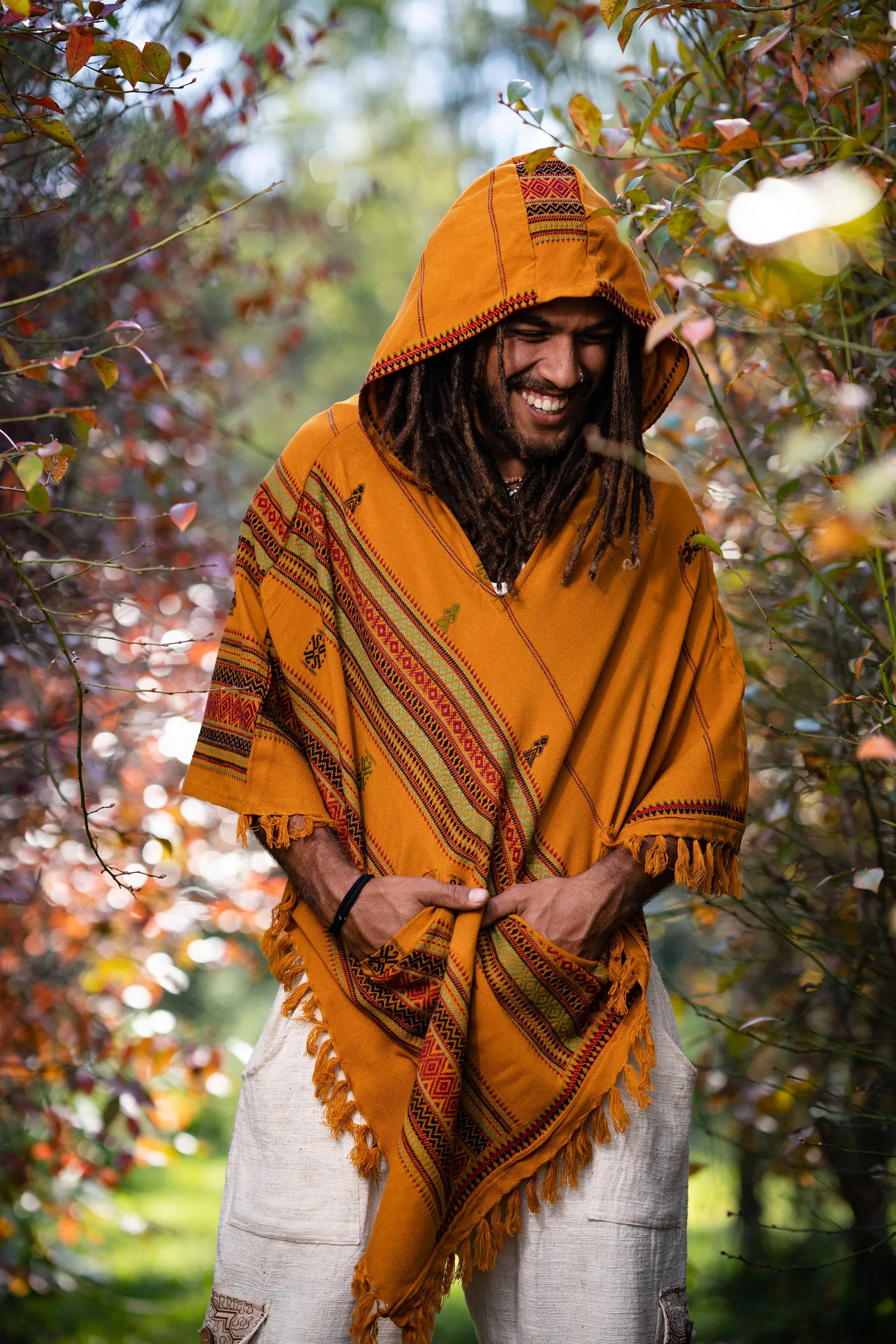 HODDI Mens Hooded Poncho Curry Orange Cashmere and Acrylic Wool Pockets Tribal Embroidery Celtic Festival Mexican Primitive Big Hood AJJAYA