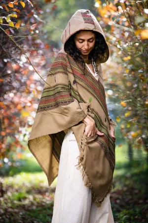 HODDI Womens Hooded Poncho Desert Sand Cashmere and Acrylic Wool Hood Pockets Earthy Tribal Pattern Festival AJJAYA Mexican Primitive