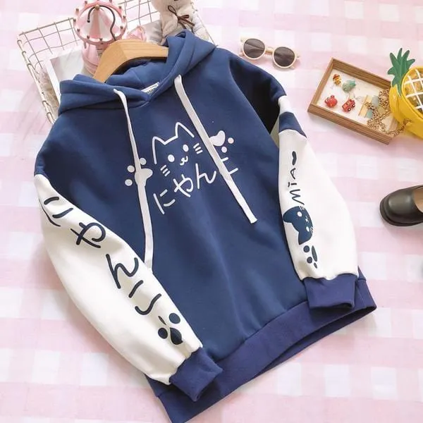 Kawaii Hoodie Cute Cat Meow Women Girl Long Sleeve Japanese Sweatshirt Pullover