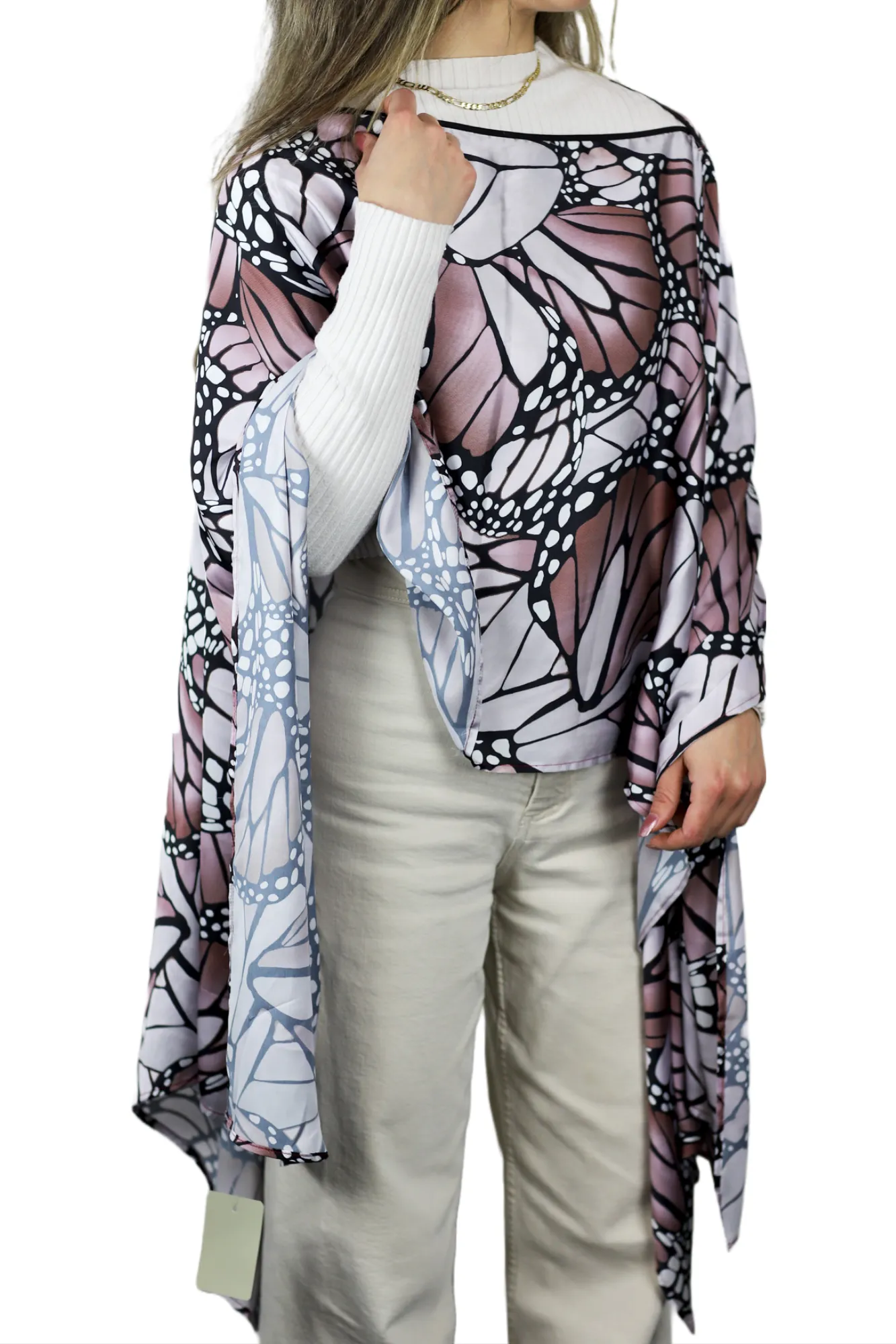 La Fiorentina Butterfly Wings Print Poncho - 100% Polyester - Grey