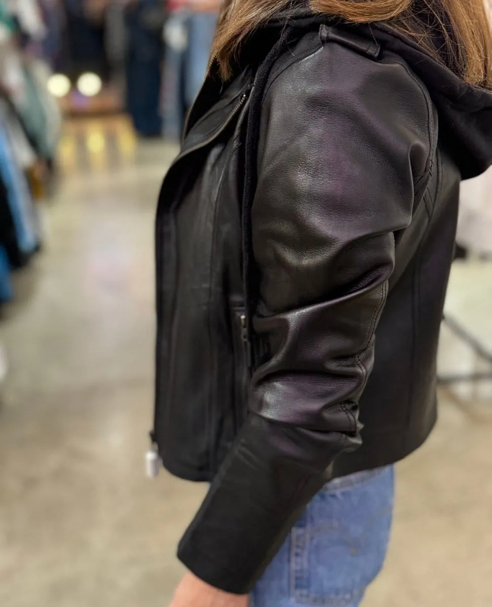 Molly Patina Hood Leather Jacket Black