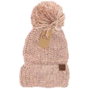 Multi Color Feather Knit Pom Beanie in Rose