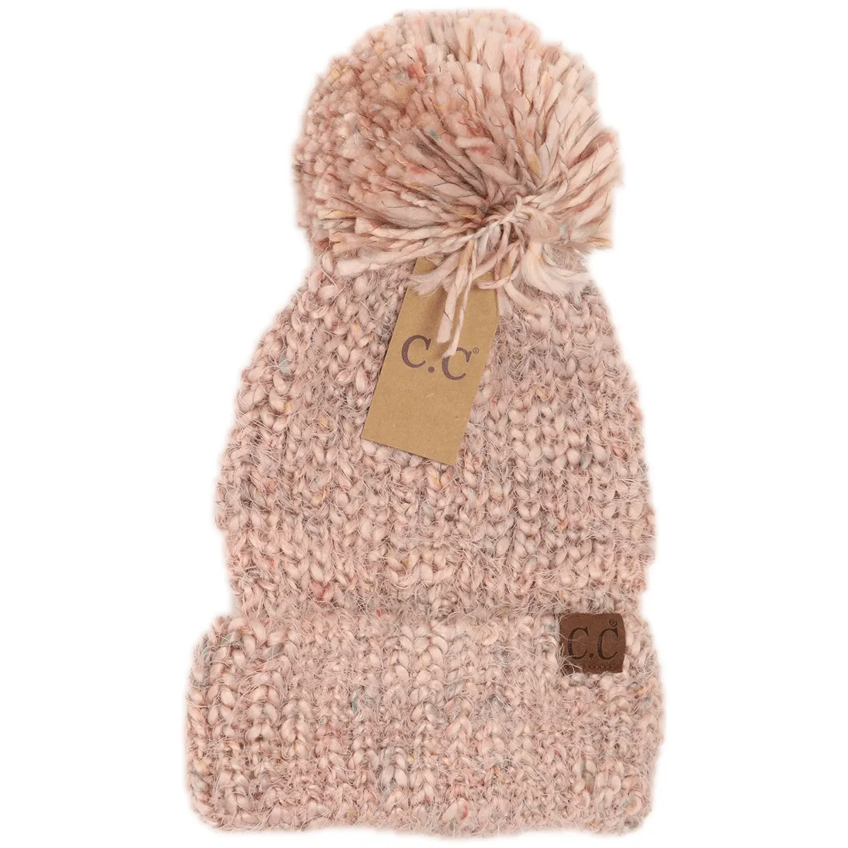 Multi Color Feather Knit Pom Beanie in Rose