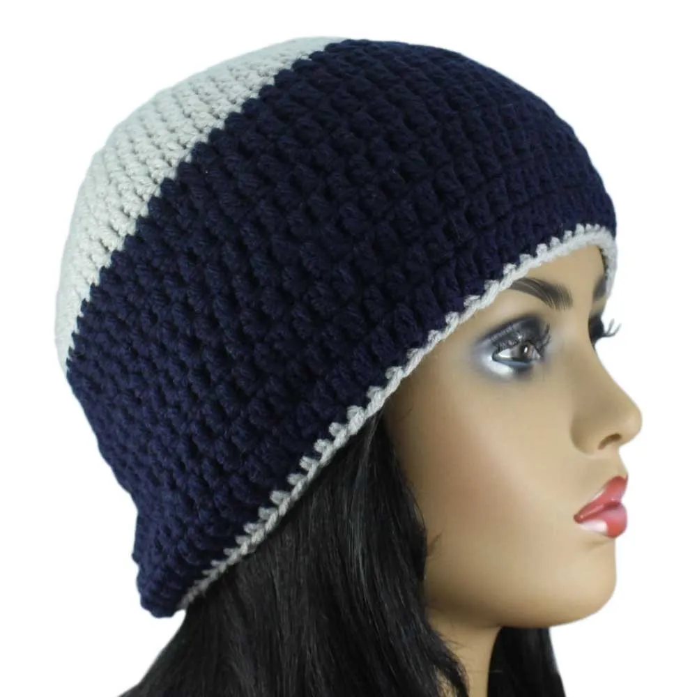 Navy Blue with Gray Top Crochet Beanie Hat Medium/Large - STXH23ML